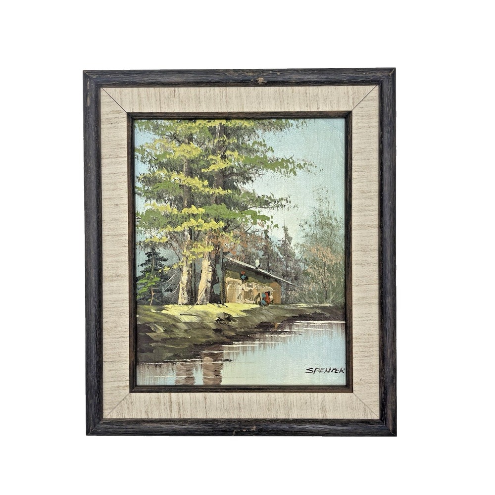 Vintage Oil Painting Cabin in the Woods Framed‎  11 x 13" Signed Nature River